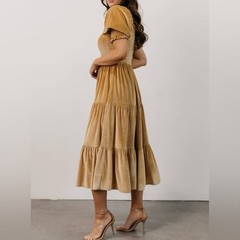 Baltic Born Vivaldi Tan Velvet Smocked Chest Tiered Dress. Size Large. NWT.