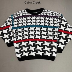 Cabin Creek Vintage Houndstooth Sweater S/M Black White Red Purple Teal Knit