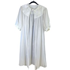 Vintage White Sheer Peignoir Robe Satin Floral Embroidered Collar Tie Front 41in