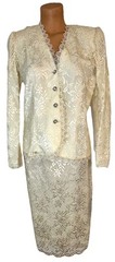 Vtg 80s Off White Lace Jacket & Skirt Suit Set Sz 8 Faux Pearl Karen Lawrence