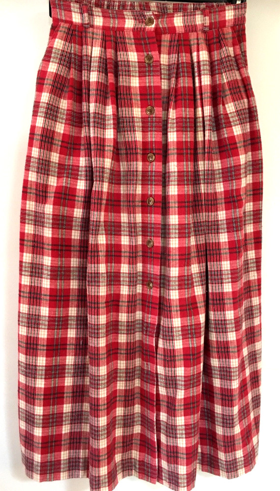 Vtg Orvis Red Plaid Flannel Pleated Midi Skirt Pockets & B-Loops Sz 8/ 26″x 34″