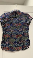Vintage Chinese Silk Brocade Top Qipao Style Navy Floral Made in Hong Kong