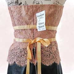 Y2K Bebe Blush Lace Strapless Corset Vintage Top with Gold Ribbon