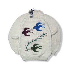 80s NWT Greek Knitwear White Turtleneck Sweater With Birds Wool Unisex Size M