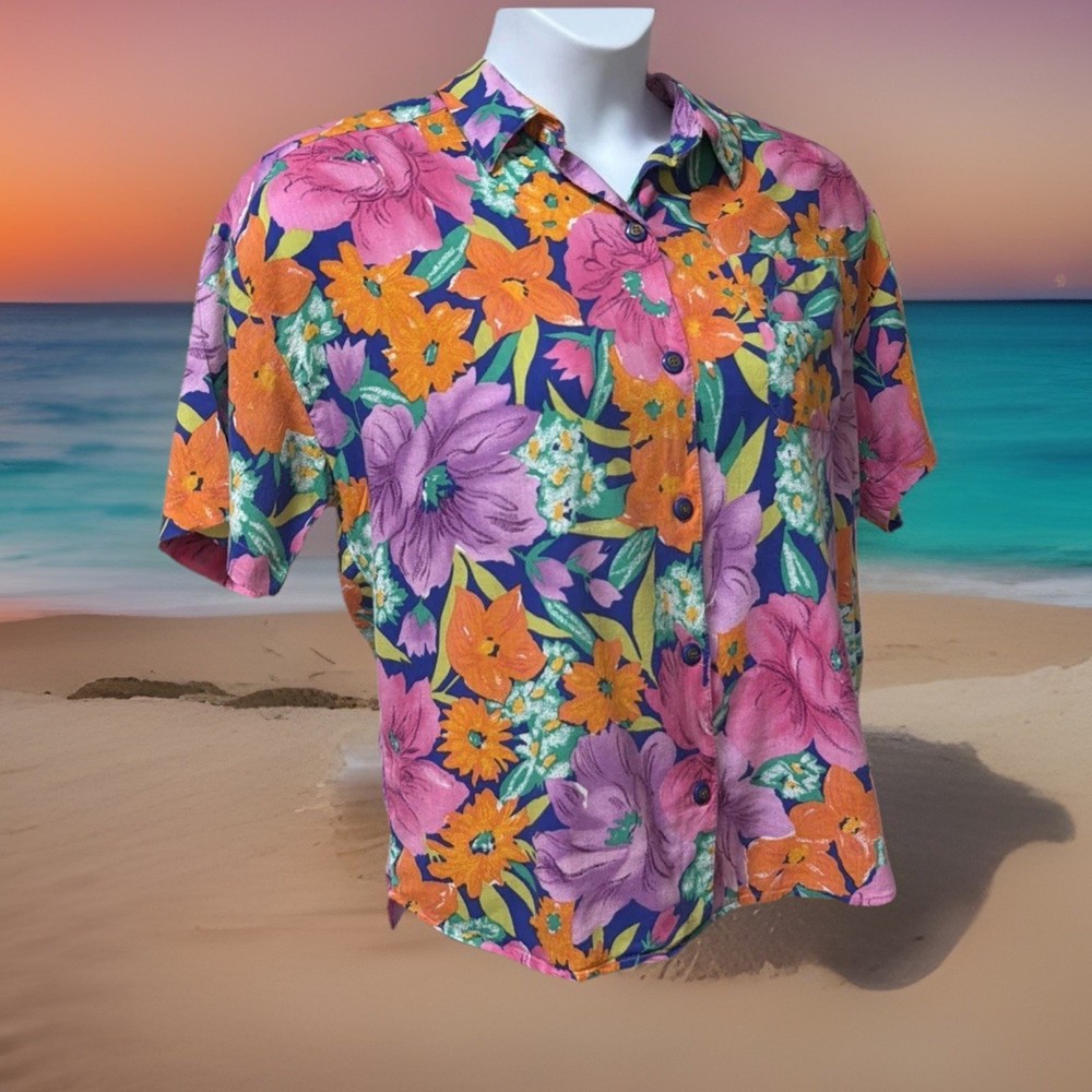 Vtg 1980s Colorful Tropical Floral button Front Blouse Cotton/rayon SS Sz L