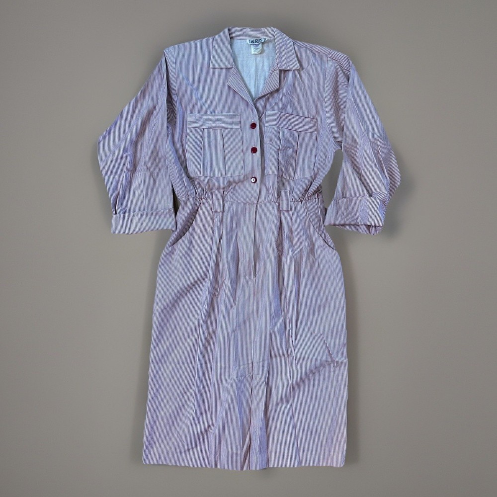 Vintage 80s Taurus II Union Made Striped Midi Shirt Dress Red White Size 10 USA