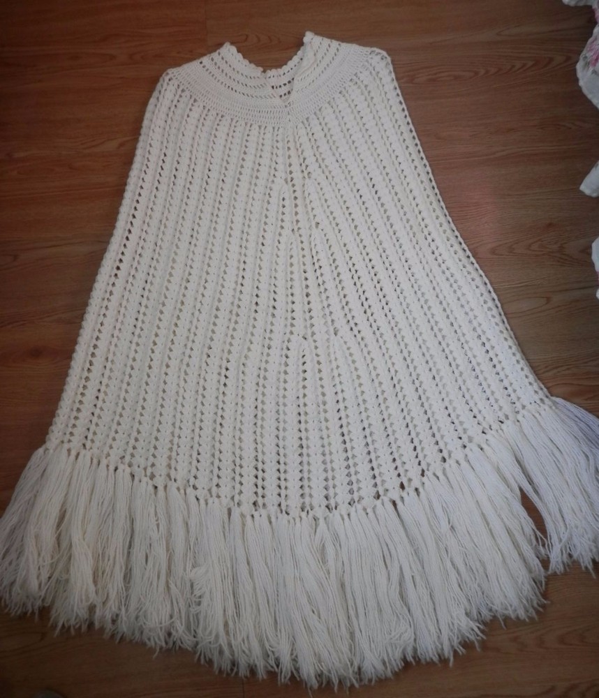 Vintage White Bat Wing Crochet Cape Poncho with Fringe & Notched Collar (Greece)
