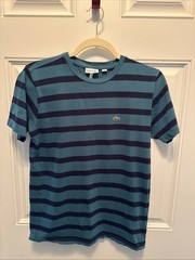 Lacoste T-Shirt Size 16 (Youth) Green & Navy Striped Croc Logo 100% Cotton