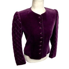 Royal Purple Velvet Blazer Blouse Quilted Sleeves Jewel Buttons Jaeger UK 8 US 4
