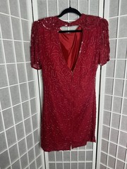 Silky Nites Cherish Vintage 80s Red Sequin Beaded Silk Formal Party Dress Medium