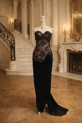 VTG’80s San Carlio Saks Fifth Avenue Black Lace Corset Velvet Gown Evening 10