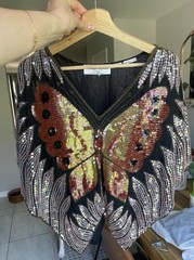 Vintage 80s Silk Sequin Butterfly Top Beaded Black Art Deco Festival Boho