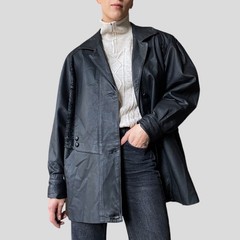 Vintage 90s Black Leather Jacket – Oversized Patchwork Coat- Size M/L