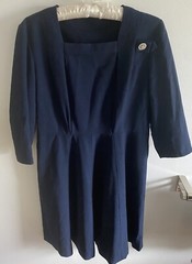Vintage Navy Dress One Rhinestone Button Wool Crepe? Metallic Look 1950s Bust 36
