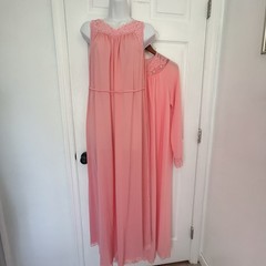 Vtg Peignoir SET ShadowLine Nightgown housecoat 70s Small Nylon 55” Full Length