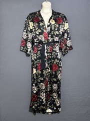 Cacique Vintage Silk Robe P/S Black WFloral Print 50” Long Replacement Belt Tie