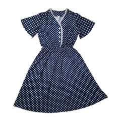 Vintage MW 60s Women’s Sz16 Navy Blue Polkadot Midi Dress PinUp/Rockabilly Retro