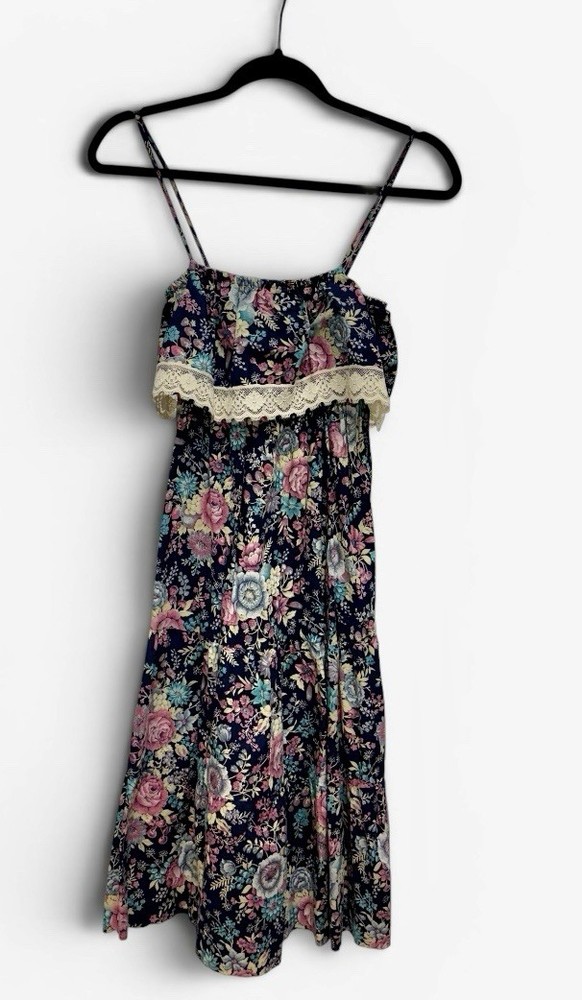 Vintage cottagecore prairie Dress Blue pink Sz 11 Floral Fairy Boho Coquette