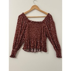 Bella Ella Boutique Smocked Peplum Blouse Rust Floral Boho Cottagecore Large