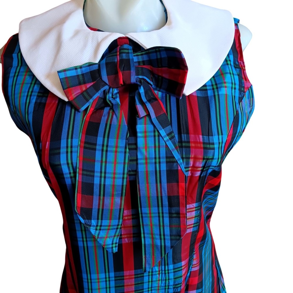 True Vintage Dress 11 1960’s Plaid Sleeveless Maxi Pilgrim Collar Bow USA
