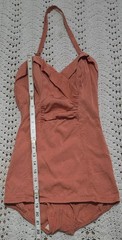 Vintage 1950s JANTZEN VAMP Women Pin Up Swim Suit Ruched Boning Sz 12 Coral Dots
