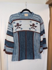 Vintage 80s Blue Aztec Theme Sweater Square Neck L 35″ Chest