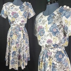 Vtg Stuart Alan Petites White/Blue/Purple Floral Blouson Knit Dress Size 8P