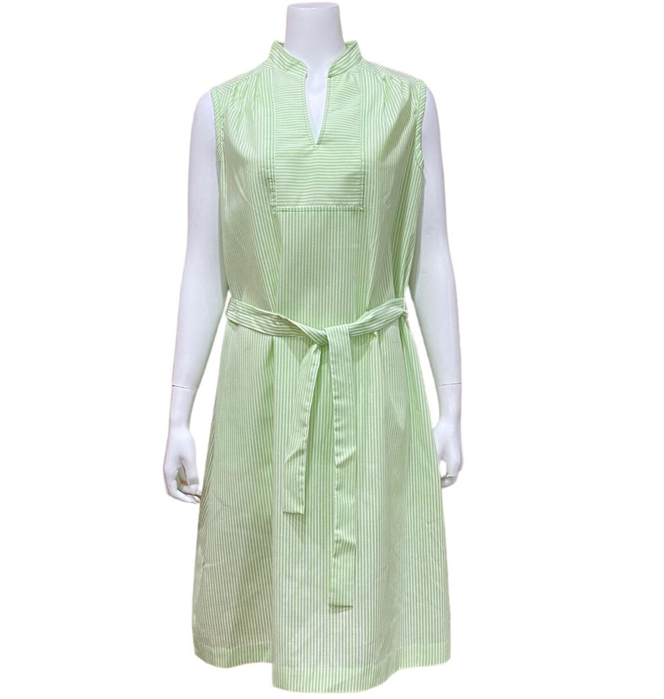 Vintage MISS SMITH Seersucker Dress Green White Stripe Belted Sleeveless 18 1/2