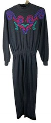 Vintage 80s 90s Black Embroidered Bling Jumpsuit Romper One Piece Retro Medium