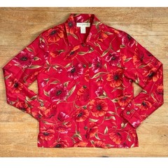 Vintage Floral Print Silk Jacket Size Small 90s Easy Spirit Red Poppy Pattern