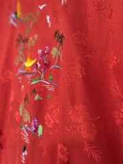 NEW VTG Golden Dragon Silk Long Robe Womens Small Red Hand Embroidered Pocket