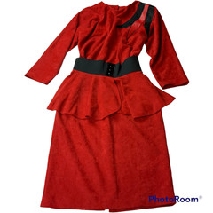Vintage Women’s Size 5 Dress Red Black Peplum Polyester Faux Leather Soft Midi