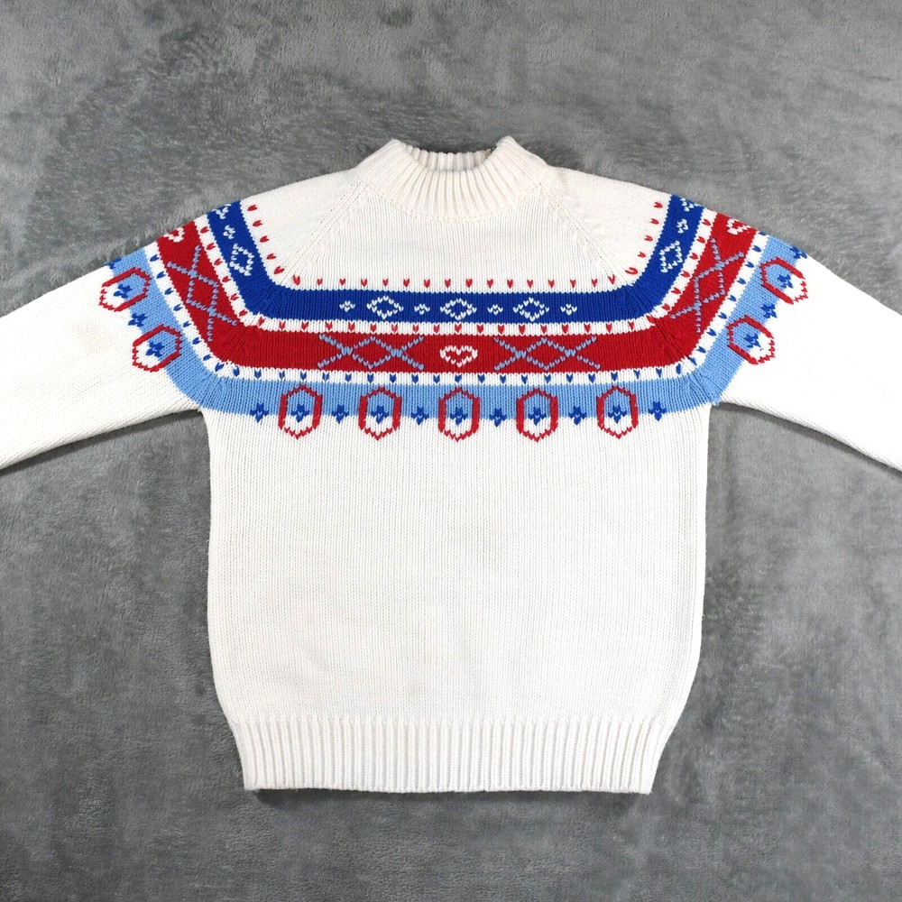 Vintage K-Mart Womens Sweater Medium 100% Acrylic Nordic Zip Neck White Red Blue