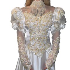 Alfred Angelo Pearl Beaded Satin w/Lace White Lng Sleeve Wedding Dress 12′ Train