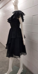 1970s Disco Cocktail Dress Off The Shoulder Black Organza Sheer Belted Early 80s