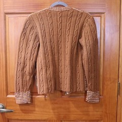 Vintage Handmade 70s Brown Plaid Chunky Knit Zip Cardigan Sweater LG