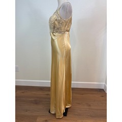 Vintage 90s Kiki Gown Women M Gold Satin Beaded Formal Slip Dress Hollywood Glam