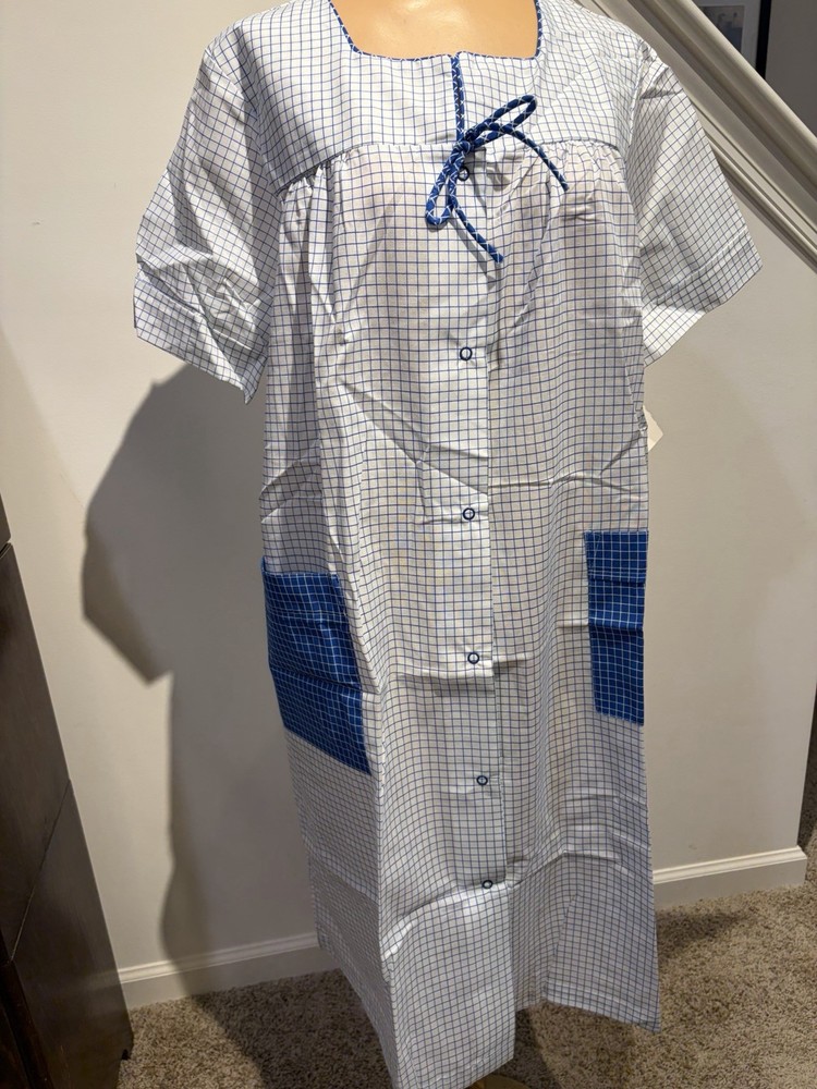 VTG 60s KATZ BLUE CHECK SNAP FRONT ROBE HOUSE COAT DUSTER -NWT-MED