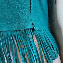 Vintage Pioneer Wear Turquoise Suede Leather Fringe Beaded Western Vest USA Made