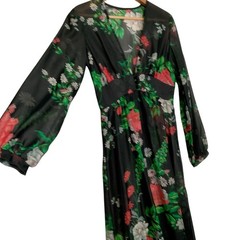 Vintage 1970s Sheer Dress Robe Size 5-6 Black Daisy Floral Hippie Boho