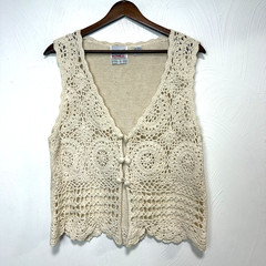 Vintage Republic Women’s 90s Beige Cotton Blend Hand Knitted Crochet Vest Large