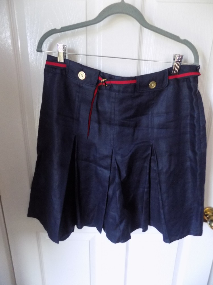 10 Navy Shadow Blue Pleated Casual Tennis Skirt Red belt button loops Vtg 80s