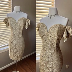 Vintage 80s 90s Evening Dress 10 Gold Floral Lace Sweetheart Off Shoulder Glam
