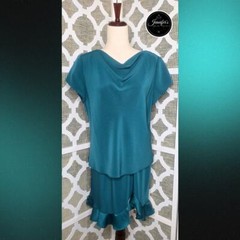 Donna Ricco Vintage Turquoise 2-Piece Cowl Neck Top and Flared Skirt Set Size 12