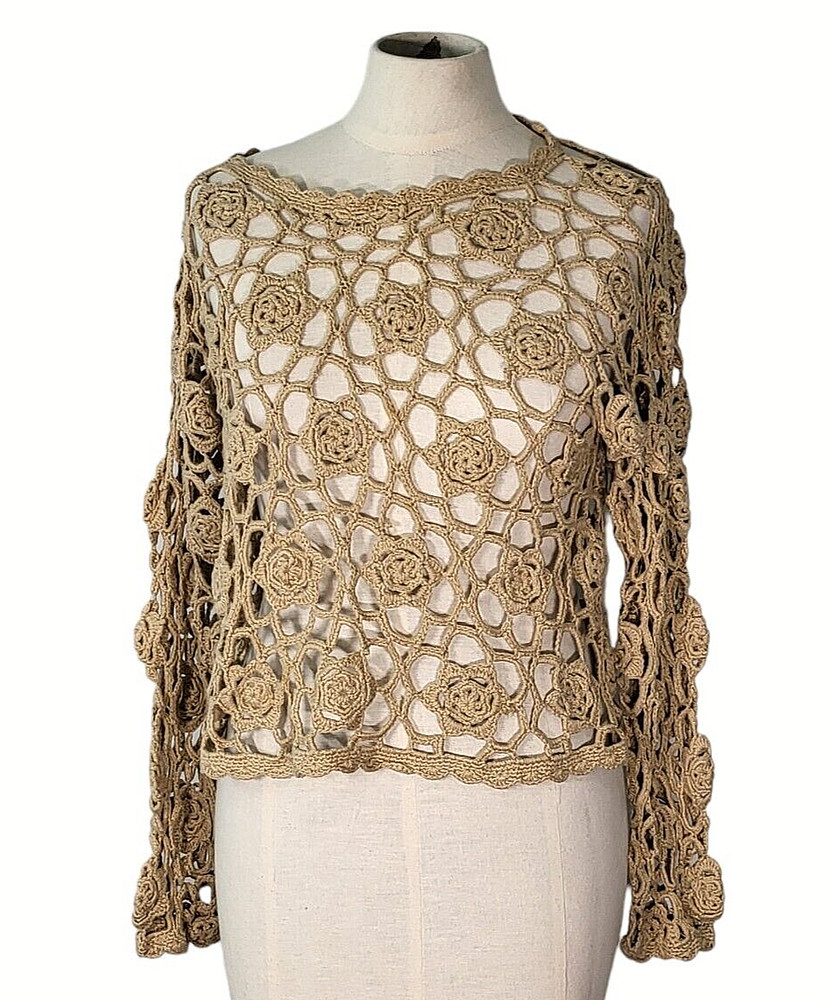 Vintage Cherry Stix Hand Knit Sweater Womens One Size OSFA Roses Floral Beige
