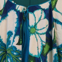 Vintage Sears Hawaii Floral Maxi Dress Turquoise Cotton Tiki 60s Empire Waist