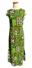 Vintage Hawaiian Maxi Dress Sz M Barkcloth Tiki Tribal Green Mod 60s 70s Aloha