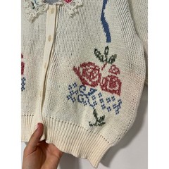 VTG Knit Sweater Loft Floral Lace Collar Cardigan Cream Cotton Short Sleeve Med