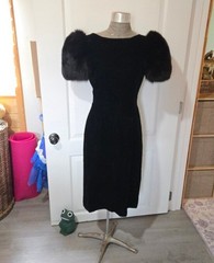 Vintage 1980s Victor Costa Black Velvet Dress with Mink Puff Sleeves, Size 6?