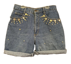 VTG 80s Glam Rock Jewels Pearl Stud Street Wear Denim Jean Shorts Cut Offs